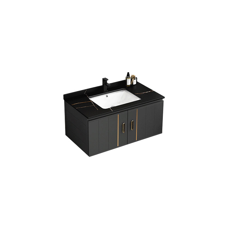 Modern Single Sink Vanity Black Ceramic Bath Vanity with Soft Close Door Vanity & Faucet 31.5"L x 18.5"W x 17.7"H Stone Clearhalo 'Bathroom Remodel & Bathroom Fixtures' 'Bathroom Vanities' 'bathroom_vanities' 'Home Improvement' 'home_improvement' 'home_improvement_bathroom_vanities' 7640149