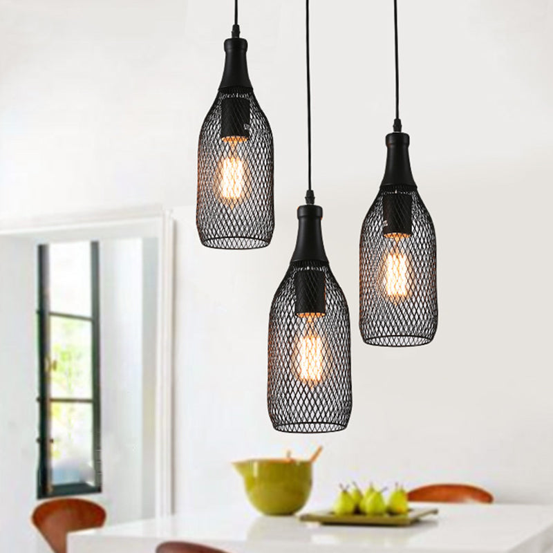 3/6 Lights Metal Pendant Light Industrial Style Black Bottle Mesh Shade Restaurant Hanging Lamp 3 Black Round Clearhalo 'Art Deco Pendants' 'Black' 'Cast Iron' 'Ceiling Lights' 'Ceramic' 'Crystal' 'Industrial Pendants' 'Industrial' 'Metal' 'Middle Century Pendants' 'Pendant Lights' 'Pendants' 'Rustic Pendants' 'Tiffany' Lighting' 764307