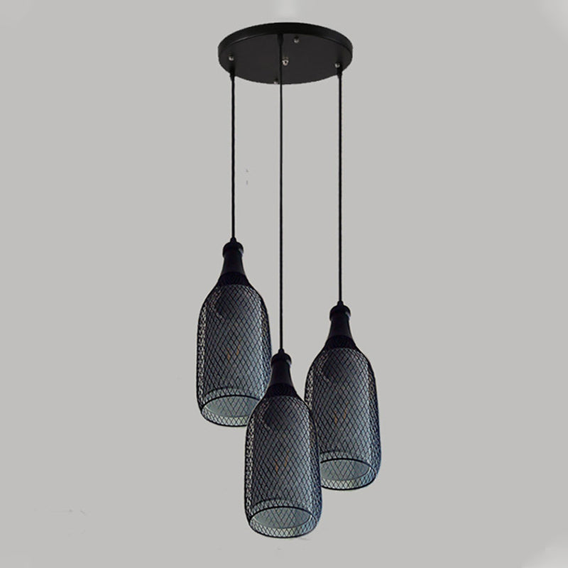 3/6 Lights Metal Pendant Light Industrial Style Black Bottle Mesh Shade Restaurant Hanging Lamp Clearhalo 'Art Deco Pendants' 'Black' 'Cast Iron' 'Ceiling Lights' 'Ceramic' 'Crystal' 'Industrial Pendants' 'Industrial' 'Metal' 'Middle Century Pendants' 'Pendant Lights' 'Pendants' 'Rustic Pendants' 'Tiffany' Lighting' 764309