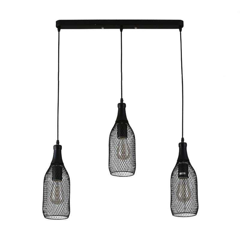 3/6 Lights Metal Pendant Light Industrial Style Black Bottle Mesh Shade Restaurant Hanging Lamp Clearhalo 'Art Deco Pendants' 'Black' 'Cast Iron' 'Ceiling Lights' 'Ceramic' 'Crystal' 'Industrial Pendants' 'Industrial' 'Metal' 'Middle Century Pendants' 'Pendant Lights' 'Pendants' 'Rustic Pendants' 'Tiffany' Lighting' 764315