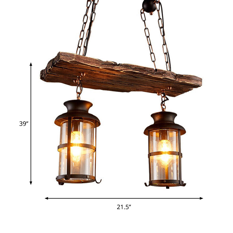 Clear Glass Lantern Island Pendant Light Industrial 2/3 Lights Bar Hanging Lamp in Black with Wood Decoration and Cage Clearhalo 'Ceiling Lights' 'Island Lights' Lighting' 764341