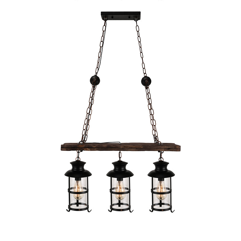 Clear Glass Lantern Island Pendant Light Industrial 2/3 Lights Bar Hanging Lamp in Black with Wood Decoration and Cage Clearhalo 'Ceiling Lights' 'Island Lights' Lighting' 764344