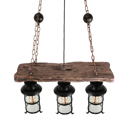 Clear Glass Lantern Island Pendant Light Industrial 2/3 Lights Bar Hanging Lamp in Black with Wood Decoration and Cage Clearhalo 'Ceiling Lights' 'Island Lights' Lighting' 764345