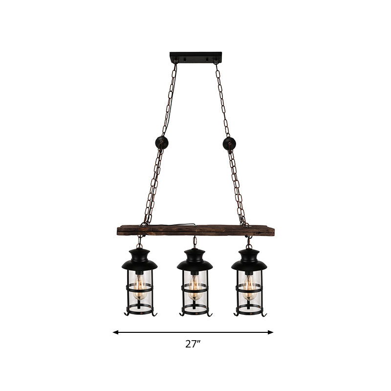 Clear Glass Lantern Island Pendant Light Industrial 2/3 Lights Bar Hanging Lamp in Black with Wood Decoration and Cage Clearhalo 'Ceiling Lights' 'Island Lights' Lighting' 764346