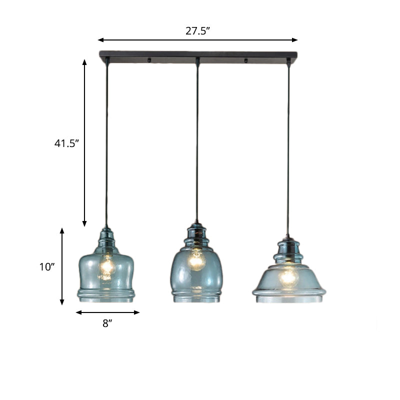 3 Lights Multi Pendant with Different Shade Blue Glass Modern Dining Room Hanging Light Fixture in Black, Round/Linear Canopy Clearhalo 'Ceiling Lights' 'Chandeliers' 'Glass shade' 'Glass' 'Industrial Pendants' 'Industrial' 'Middle Century Pendants' 'Pendant Lights' 'Pendants' 'Tiffany' Lighting' 764366