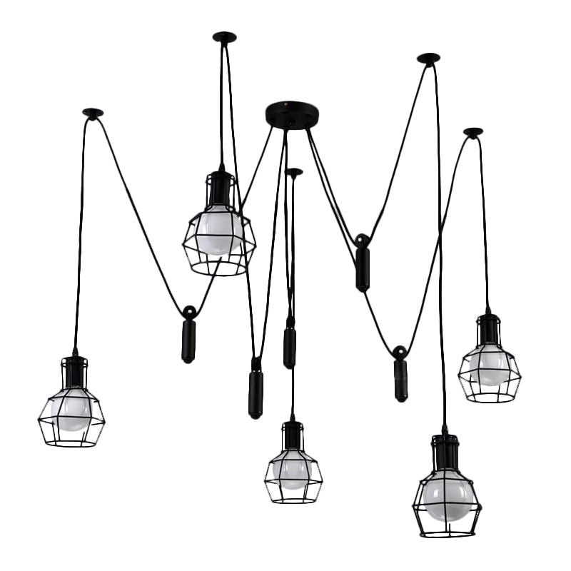 3/5/8 Heads Caged Pendant Light Fixture Farmhouse Black Metallic Hanging Lamp with Swag Design Clearhalo 'Art Deco Pendants' 'Black' 'Cast Iron' 'Ceiling Lights' 'Ceramic' 'Crystal' 'Industrial Pendants' 'Industrial' 'Metal' 'Middle Century Pendants' 'Pendant Lights' 'Pendants' 'Rustic Pendants' 'Tiffany' Lighting' 764390