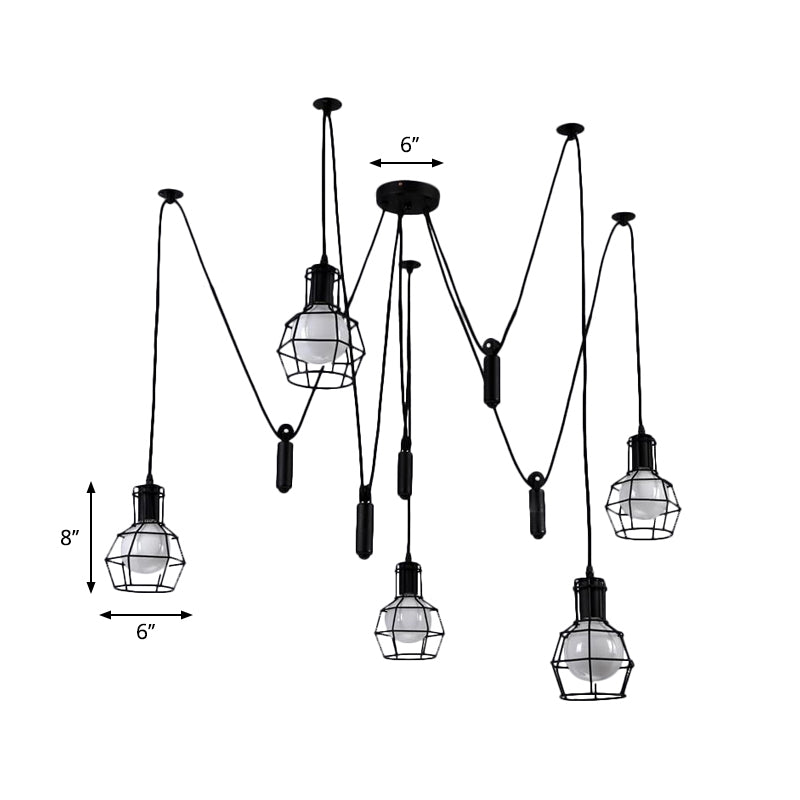 3/5/8 Heads Caged Pendant Light Fixture Farmhouse Black Metallic Hanging Lamp with Swag Design Clearhalo 'Art Deco Pendants' 'Black' 'Cast Iron' 'Ceiling Lights' 'Ceramic' 'Crystal' 'Industrial Pendants' 'Industrial' 'Metal' 'Middle Century Pendants' 'Pendant Lights' 'Pendants' 'Rustic Pendants' 'Tiffany' Lighting' 764391