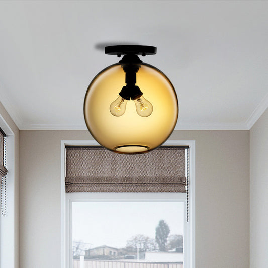 Globe Shade Semi Flush Dining Room Red/Brown/Blue Glass Industrial Style 1/2 Light Black Ceiling Lighting Clearhalo 'Ceiling Lights' 'Close To Ceiling Lights' 'Close to ceiling' 'Flush mount' 'Industrial Flush Mount' Lighting' 764442