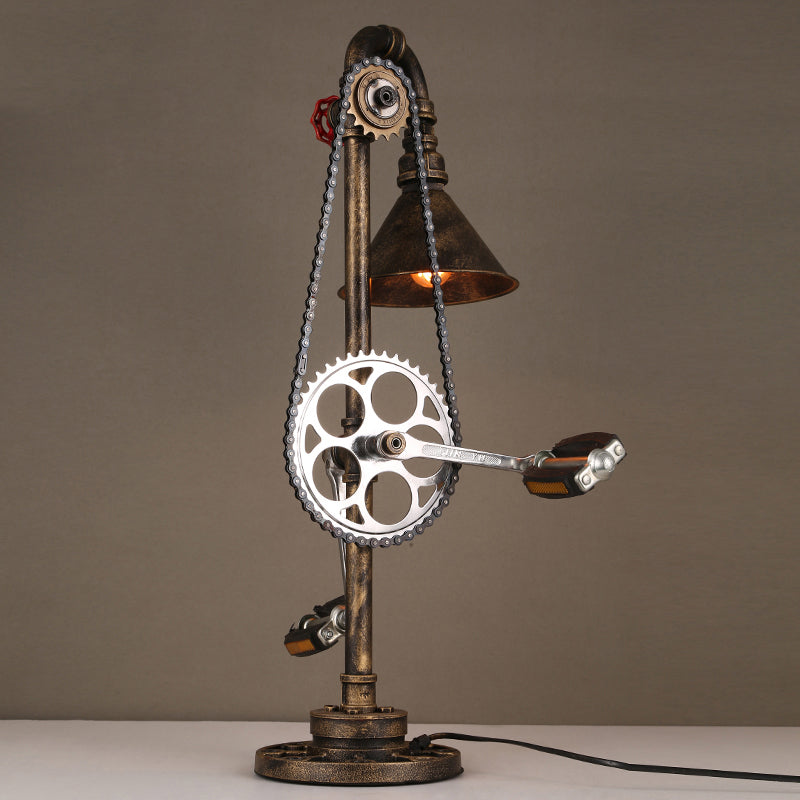 Steampunk Conical Table Lighting with Bicycle Design 1 Bulb Wrought Iron Table Lamp in Brass for Living Room Clearhalo 'Lamps' 'Table Lamps' Lighting' 764767