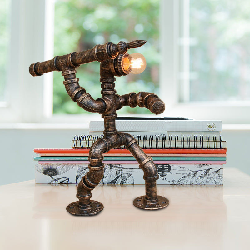 1 Light Table Lighting with Pipe Man and Bare Bulb Wrought Iron Vintage Standing Lamp in Bronze Clearhalo 'Lamps' 'Table Lamps' Lighting' 764826