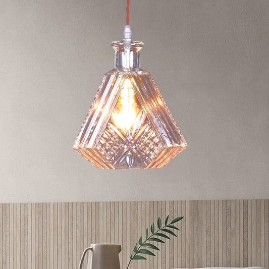 Textured Glass Tapered/Diamond Suspension Light Loft Industrial 1 Bulb Bar Pendant Lamp in Clear Clear D Clearhalo 'Ceiling Lights' 'Glass shade' 'Glass' 'Industrial Pendants' 'Industrial' 'Middle Century Pendants' 'Pendant Lights' 'Pendants' 'Tiffany' Lighting' 764974