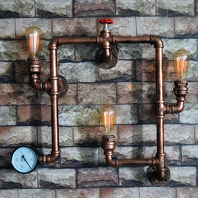 3 Bulbs Wall Lighting Farmhouse Water Pipe Wrought Iron Sconce Light with Valve and Gauge in Rust Finish Clearhalo 'Art deco wall lights' 'Cast Iron' 'Glass' 'Industrial wall lights' 'Industrial' 'Middle century wall lights' 'Modern' 'Rustic wall lights' 'Tiffany' 'Traditional wall lights' 'Wall Lamps & Sconces' 'Wall Lights' Lighting' 765072