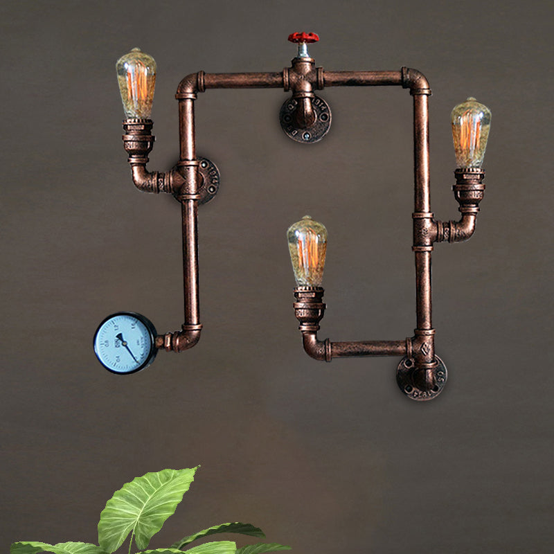3 Bulbs Wall Lighting Farmhouse Water Pipe Wrought Iron Sconce Light with Valve and Gauge in Rust Finish Clearhalo 'Art deco wall lights' 'Cast Iron' 'Glass' 'Industrial wall lights' 'Industrial' 'Middle century wall lights' 'Modern' 'Rustic wall lights' 'Tiffany' 'Traditional wall lights' 'Wall Lamps & Sconces' 'Wall Lights' Lighting' 765073