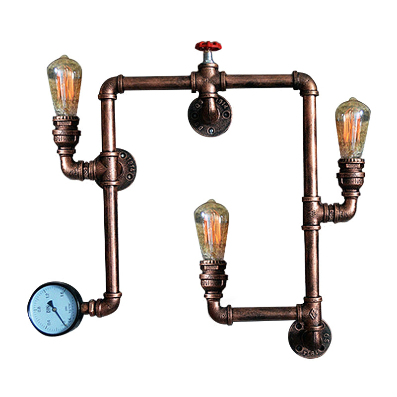 3 Bulbs Wall Lighting Farmhouse Water Pipe Wrought Iron Sconce Light with Valve and Gauge in Rust Finish Clearhalo 'Art deco wall lights' 'Cast Iron' 'Glass' 'Industrial wall lights' 'Industrial' 'Middle century wall lights' 'Modern' 'Rustic wall lights' 'Tiffany' 'Traditional wall lights' 'Wall Lamps & Sconces' 'Wall Lights' Lighting' 765074