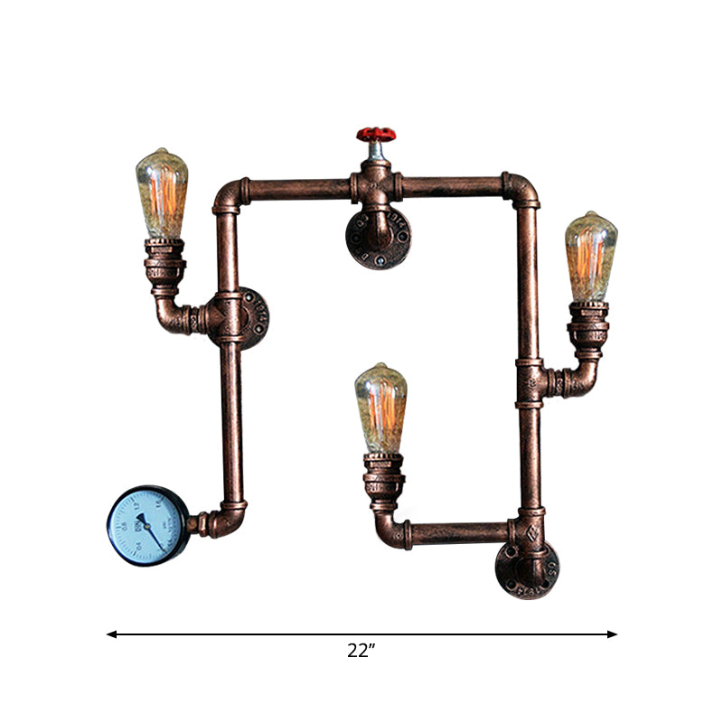 3 Bulbs Wall Lighting Farmhouse Water Pipe Wrought Iron Sconce Light with Valve and Gauge in Rust Finish Clearhalo 'Art deco wall lights' 'Cast Iron' 'Glass' 'Industrial wall lights' 'Industrial' 'Middle century wall lights' 'Modern' 'Rustic wall lights' 'Tiffany' 'Traditional wall lights' 'Wall Lamps & Sconces' 'Wall Lights' Lighting' 765075