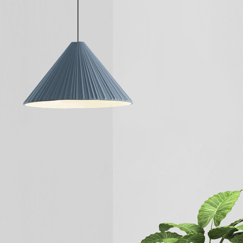 12.5"/16.5" W 1 Head Conic Pendant Light with Ribbed Design Nordic Style Blue/Pink/White Resin Hanging Lamp for Bedroom Blue 12.5" Clearhalo 'Ceiling Lights' 'Modern Pendants' 'Modern' 'Pendant Lights' 'Pendants' Lighting' 765170