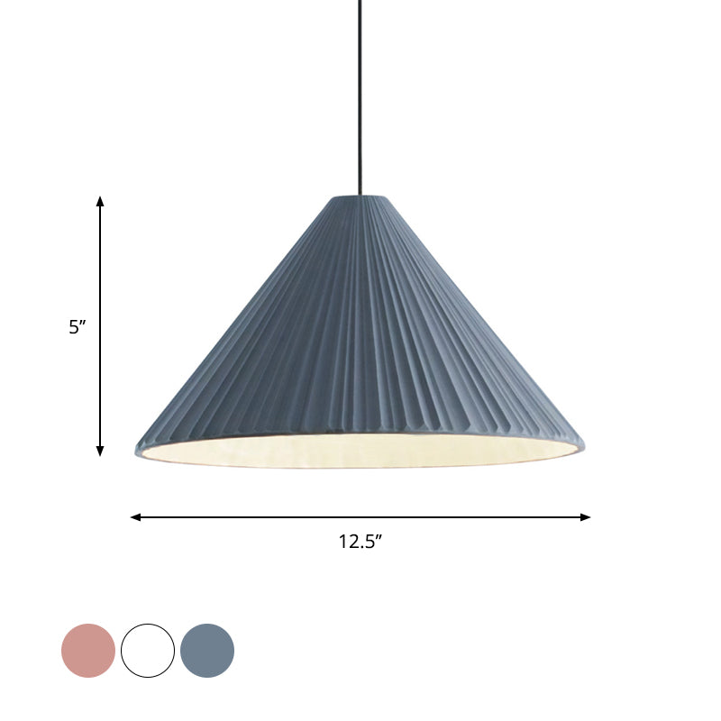 12.5"/16.5" W 1 Head Conic Pendant Light with Ribbed Design Nordic Style Blue/Pink/White Resin Hanging Lamp for Bedroom Clearhalo 'Ceiling Lights' 'Modern Pendants' 'Modern' 'Pendant Lights' 'Pendants' Lighting' 765172