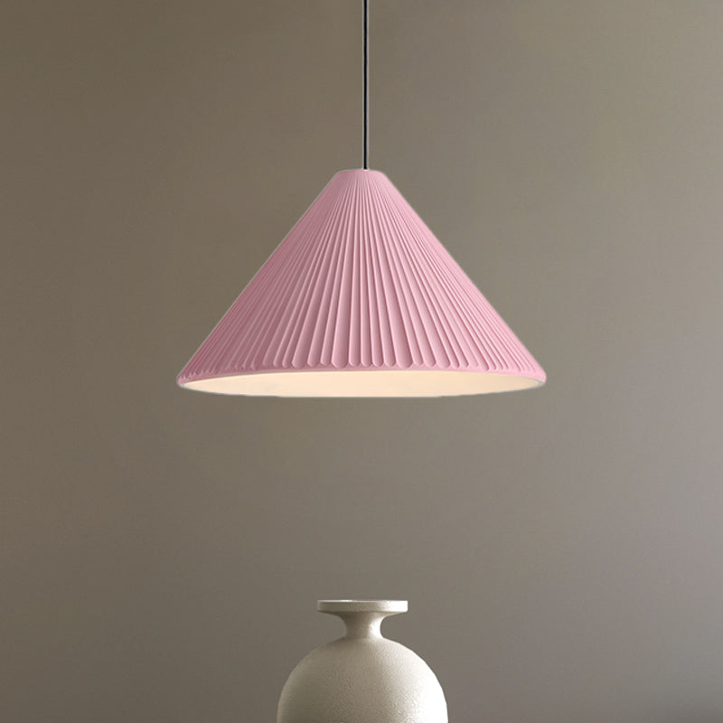 12.5"/16.5" W 1 Head Conic Pendant Light with Ribbed Design Nordic Style Blue/Pink/White Resin Hanging Lamp for Bedroom Pink 12.5" Clearhalo 'Ceiling Lights' 'Modern Pendants' 'Modern' 'Pendant Lights' 'Pendants' Lighting' 765180