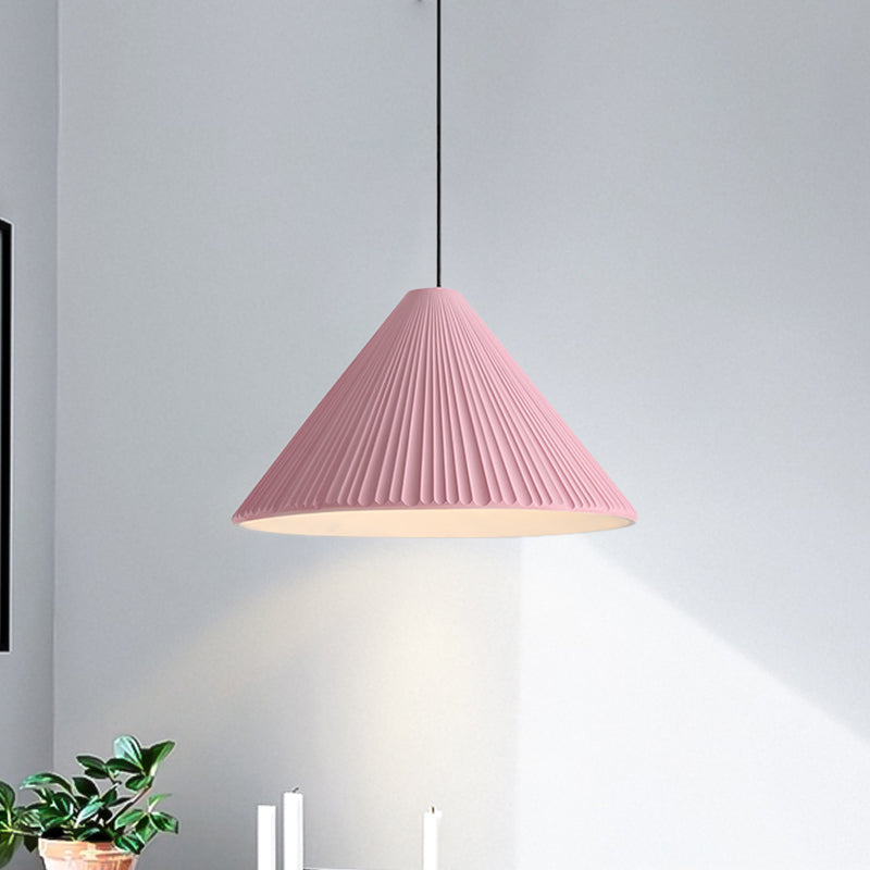 12.5"/16.5" W 1 Head Conic Pendant Light with Ribbed Design Nordic Style Blue/Pink/White Resin Hanging Lamp for Bedroom Clearhalo 'Ceiling Lights' 'Modern Pendants' 'Modern' 'Pendant Lights' 'Pendants' Lighting' 765181