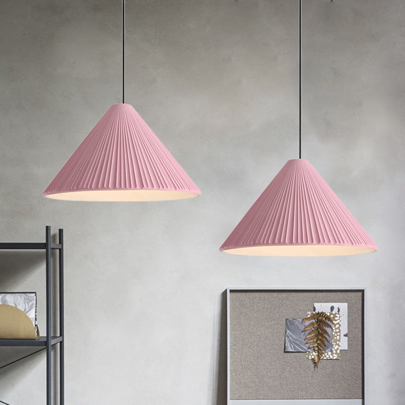 12.5"/16.5" W 1 Head Conic Pendant Light with Ribbed Design Nordic Style Blue/Pink/White Resin Hanging Lamp for Bedroom Clearhalo 'Ceiling Lights' 'Modern Pendants' 'Modern' 'Pendant Lights' 'Pendants' Lighting' 765182