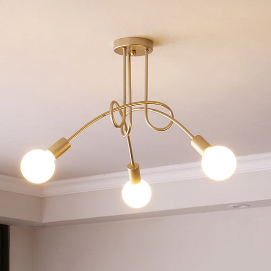 Industrial Style Twisted Semi Flush Mount Light 3-Light Metallic Ceiling Mounted Light with Bare Bulb in Brass Brass Clearhalo 'Ceiling Lights' 'Close To Ceiling Lights' 'Close to ceiling' 'Semi-flushmount' Lighting' 765319