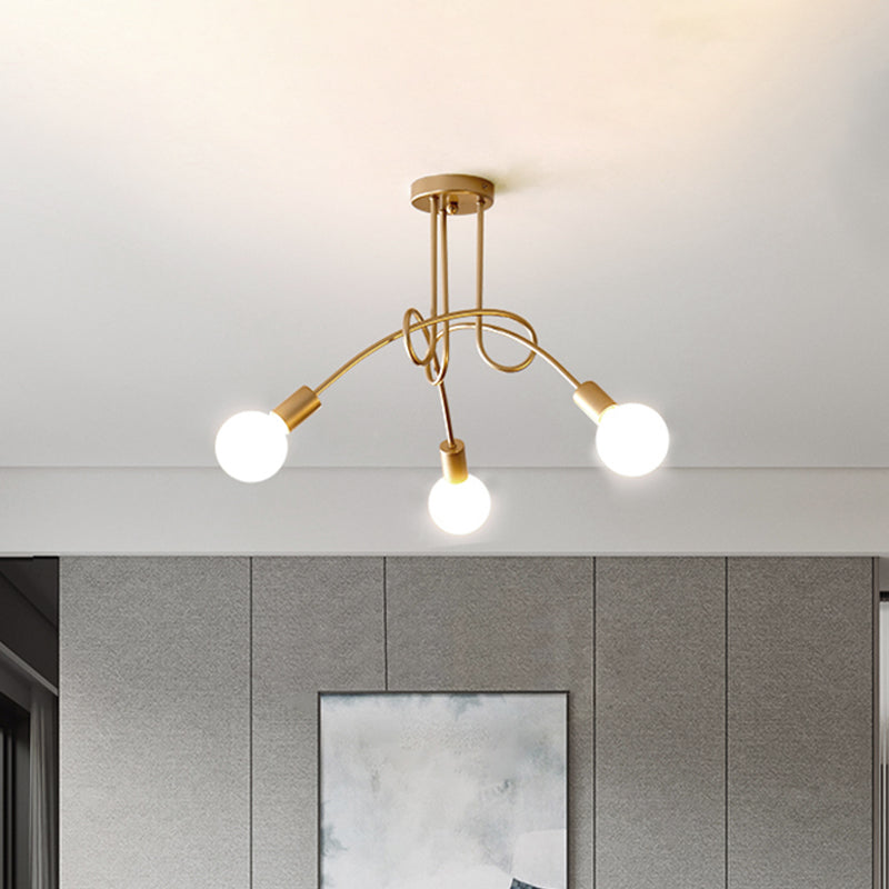 Industrial Style Twisted Semi Flush Mount Light 3-Light Metallic Ceiling Mounted Light with Bare Bulb in Brass Clearhalo 'Ceiling Lights' 'Close To Ceiling Lights' 'Close to ceiling' 'Semi-flushmount' Lighting' 765320