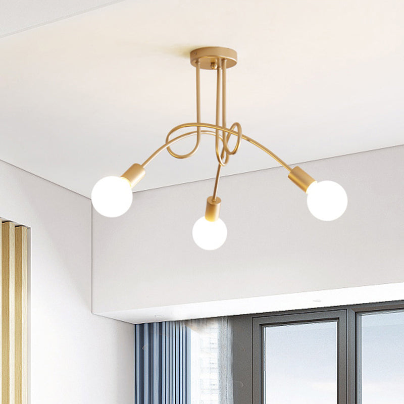 Industrial Style Twisted Semi Flush Mount Light 3-Light Metallic Ceiling Mounted Light with Bare Bulb in Brass Clearhalo 'Ceiling Lights' 'Close To Ceiling Lights' 'Close to ceiling' 'Semi-flushmount' Lighting' 765321