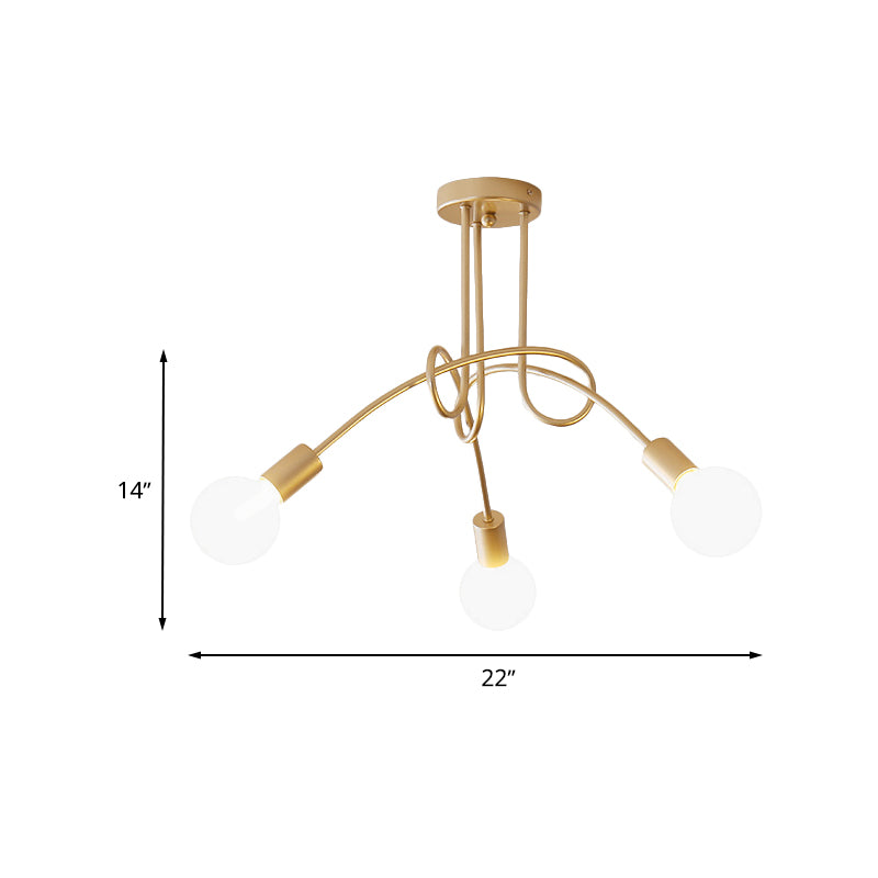 Industrial Style Twisted Semi Flush Mount Light 3-Light Metallic Ceiling Mounted Light with Bare Bulb in Brass Clearhalo 'Ceiling Lights' 'Close To Ceiling Lights' 'Close to ceiling' 'Semi-flushmount' Lighting' 765323