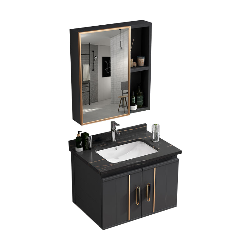 Wall Mount Bathroom Sink Vanity Glam Bathroom Vanity with Mirror Vanity & Faucet & Mirror Cabinet 23.6"L x 18.5"W x 17.7"H Black Clearhalo 'Bathroom Remodel & Bathroom Fixtures' 'Bathroom Vanities' 'bathroom_vanities' 'Home Improvement' 'home_improvement' 'home_improvement_bathroom_vanities' 7667398