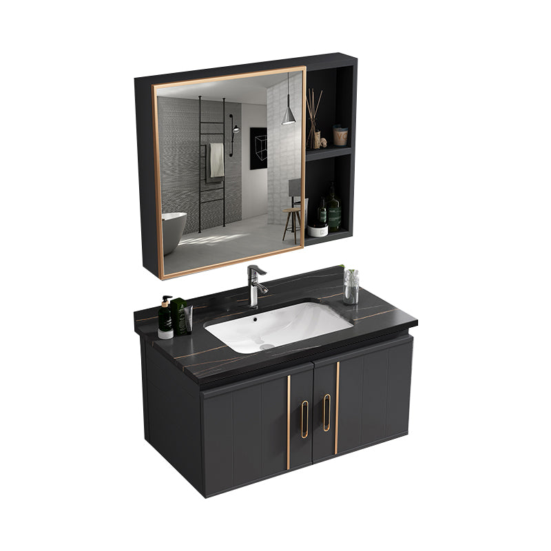 Wall Mount Bathroom Sink Vanity Glam Bathroom Vanity with Mirror Vanity & Faucet & Mirror Cabinet 27.6"L x 18.5"W x 17.7"H Black Clearhalo 'Bathroom Remodel & Bathroom Fixtures' 'Bathroom Vanities' 'bathroom_vanities' 'Home Improvement' 'home_improvement' 'home_improvement_bathroom_vanities' 7667401