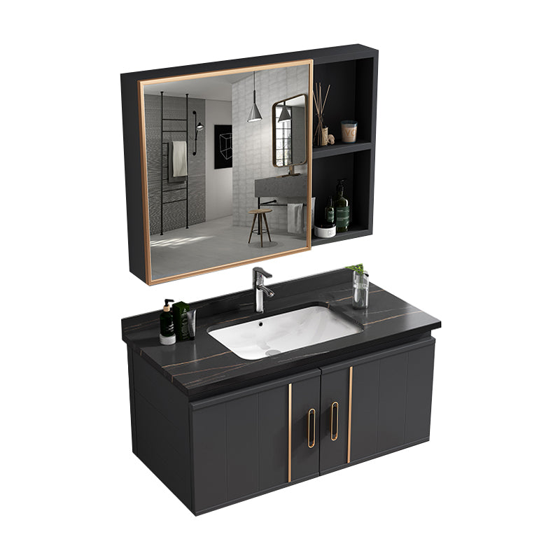 Wall Mount Bathroom Sink Vanity Glam Bathroom Vanity with Mirror Vanity & Faucet & Mirror Cabinet 31.5"L x 18.5"W x 17.7"H Black Clearhalo 'Bathroom Remodel & Bathroom Fixtures' 'Bathroom Vanities' 'bathroom_vanities' 'Home Improvement' 'home_improvement' 'home_improvement_bathroom_vanities' 7667403