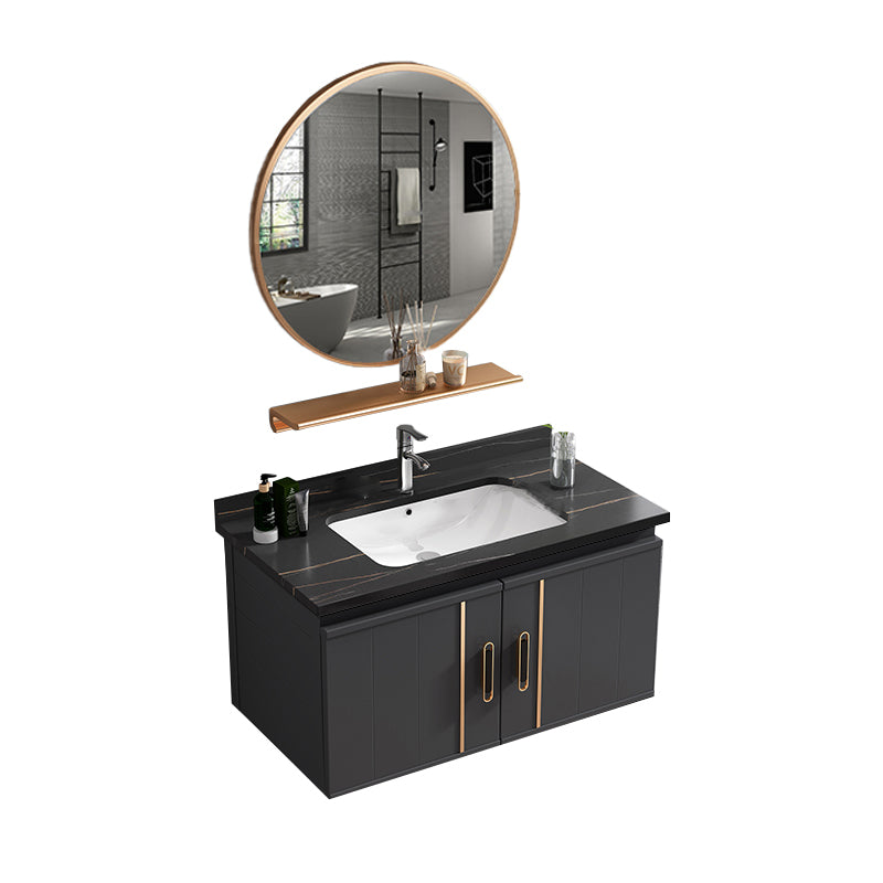 Wall Mount Bathroom Sink Vanity Glam Bathroom Vanity with Mirror Vanity & Faucet & Mirrors 27.6"L x 18.5"W x 17.7"H Black Clearhalo 'Bathroom Remodel & Bathroom Fixtures' 'Bathroom Vanities' 'bathroom_vanities' 'Home Improvement' 'home_improvement' 'home_improvement_bathroom_vanities' 7667412