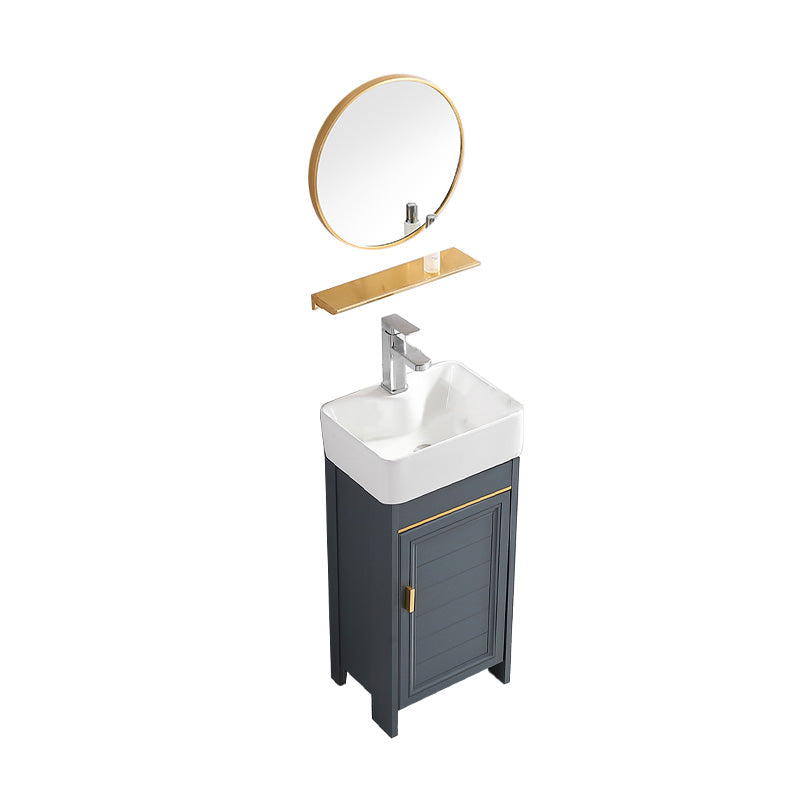 Glam Metal Sink Vanity Freestanding Single-Sink Bathroom Sink Vanity Vanity & Faucet & Round Mirror 16"L x 12"W x 32"H Clearhalo 'Bathroom Remodel & Bathroom Fixtures' 'Bathroom Vanities' 'bathroom_vanities' 'Home Improvement' 'home_improvement' 'home_improvement_bathroom_vanities' 7667447