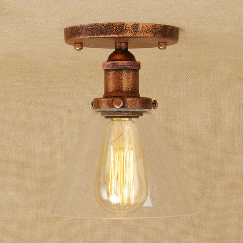 Single Light Semi Flush Mount Industrial Cone Clear Glass Light Fixtures Ceiling in Black/Bronze/Copper Rust Clearhalo 'Ceiling Lights' 'Close To Ceiling Lights' 'Close to ceiling' 'Glass shade' 'Glass' 'Semi-flushmount' Lighting' 767201