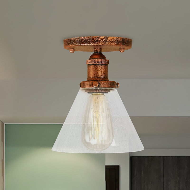 Single Light Semi Flush Mount Industrial Cone Clear Glass Light Fixtures Ceiling in Black/Bronze/Copper Clearhalo 'Ceiling Lights' 'Close To Ceiling Lights' 'Close to ceiling' 'Glass shade' 'Glass' 'Semi-flushmount' Lighting' 767202