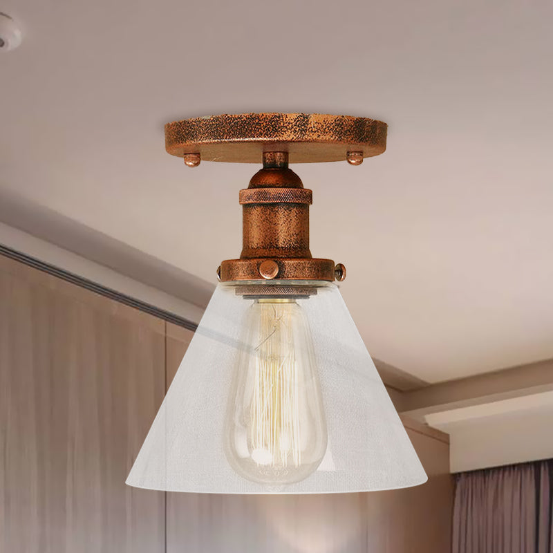 Single Light Semi Flush Mount Industrial Cone Clear Glass Light Fixtures Ceiling in Black/Bronze/Copper Clearhalo 'Ceiling Lights' 'Close To Ceiling Lights' 'Close to ceiling' 'Glass shade' 'Glass' 'Semi-flushmount' Lighting' 767203