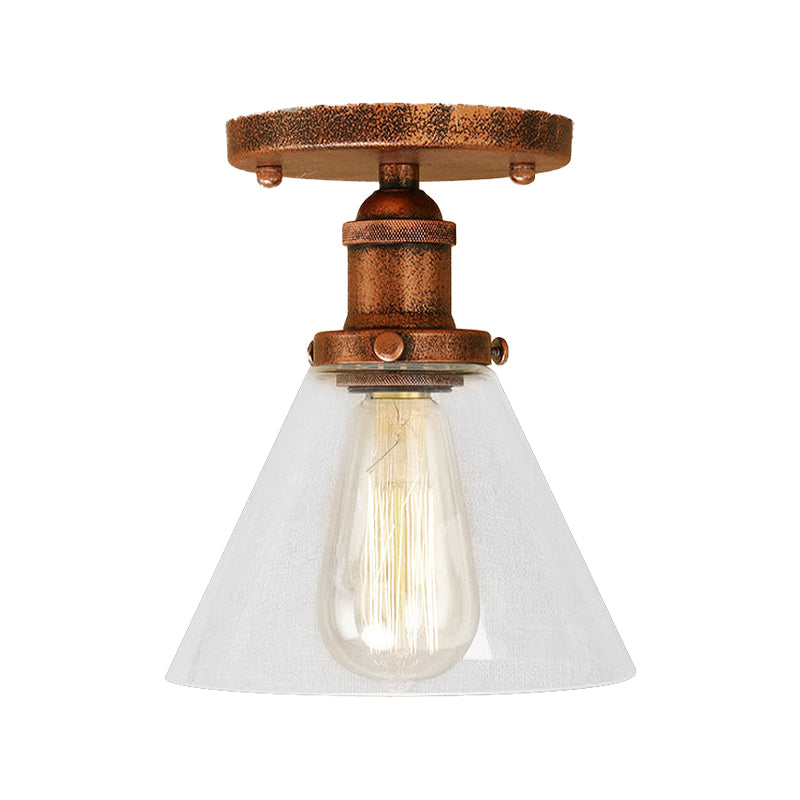 Single Light Semi Flush Mount Industrial Cone Clear Glass Light Fixtures Ceiling in Black/Bronze/Copper Clearhalo 'Ceiling Lights' 'Close To Ceiling Lights' 'Close to ceiling' 'Glass shade' 'Glass' 'Semi-flushmount' Lighting' 767204