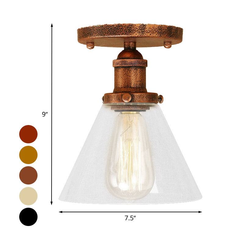Single Light Semi Flush Mount Industrial Cone Clear Glass Light Fixtures Ceiling in Black/Bronze/Copper Clearhalo 'Ceiling Lights' 'Close To Ceiling Lights' 'Close to ceiling' 'Glass shade' 'Glass' 'Semi-flushmount' Lighting' 767205