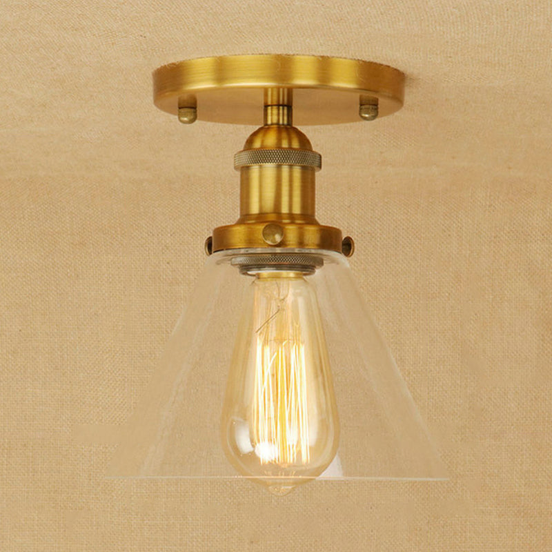 Single Light Semi Flush Mount Industrial Cone Clear Glass Light Fixtures Ceiling in Black/Bronze/Copper Antique Brass Clearhalo 'Ceiling Lights' 'Close To Ceiling Lights' 'Close to ceiling' 'Glass shade' 'Glass' 'Semi-flushmount' Lighting' 767206
