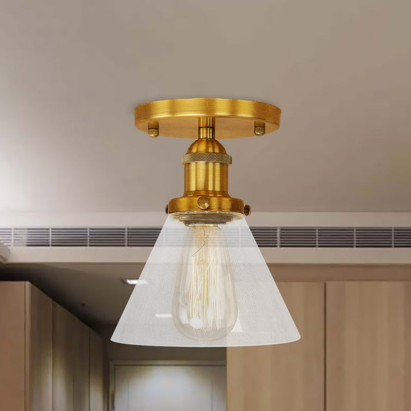Single Light Semi Flush Mount Industrial Cone Clear Glass Light Fixtures Ceiling in Black/Bronze/Copper Clearhalo 'Ceiling Lights' 'Close To Ceiling Lights' 'Close to ceiling' 'Glass shade' 'Glass' 'Semi-flushmount' Lighting' 767207