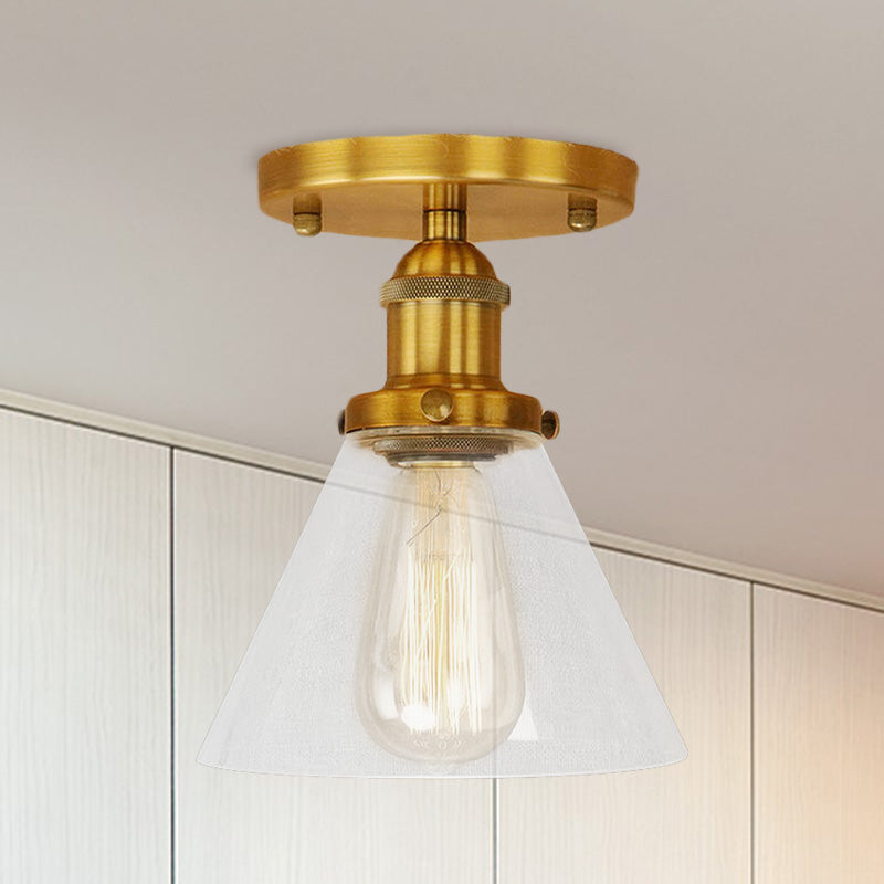 Single Light Semi Flush Mount Industrial Cone Clear Glass Light Fixtures Ceiling in Black/Bronze/Copper Clearhalo 'Ceiling Lights' 'Close To Ceiling Lights' 'Close to ceiling' 'Glass shade' 'Glass' 'Semi-flushmount' Lighting' 767208