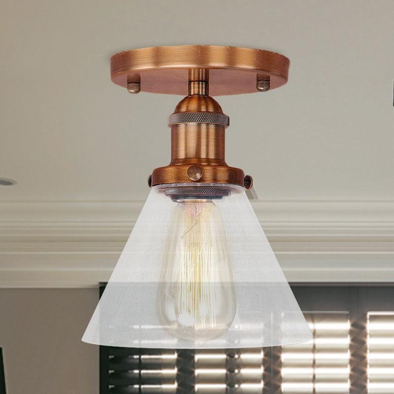 Single Light Semi Flush Mount Industrial Cone Clear Glass Light Fixtures Ceiling in Black/Bronze/Copper Copper Clearhalo 'Ceiling Lights' 'Close To Ceiling Lights' 'Close to ceiling' 'Glass shade' 'Glass' 'Semi-flushmount' Lighting' 767210
