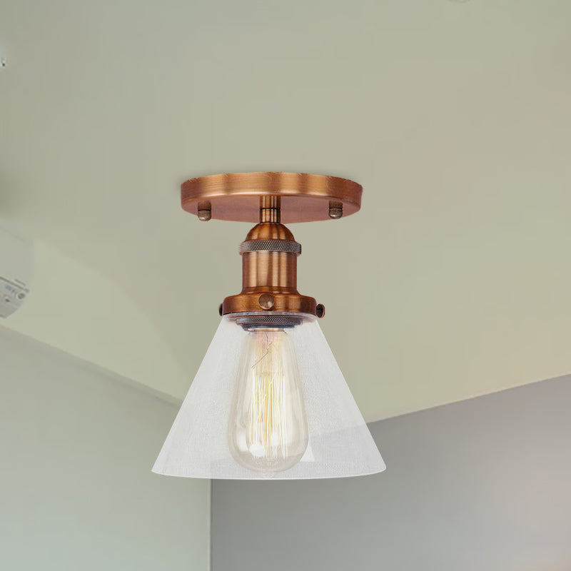 Single Light Semi Flush Mount Industrial Cone Clear Glass Light Fixtures Ceiling in Black/Bronze/Copper Clearhalo 'Ceiling Lights' 'Close To Ceiling Lights' 'Close to ceiling' 'Glass shade' 'Glass' 'Semi-flushmount' Lighting' 767211