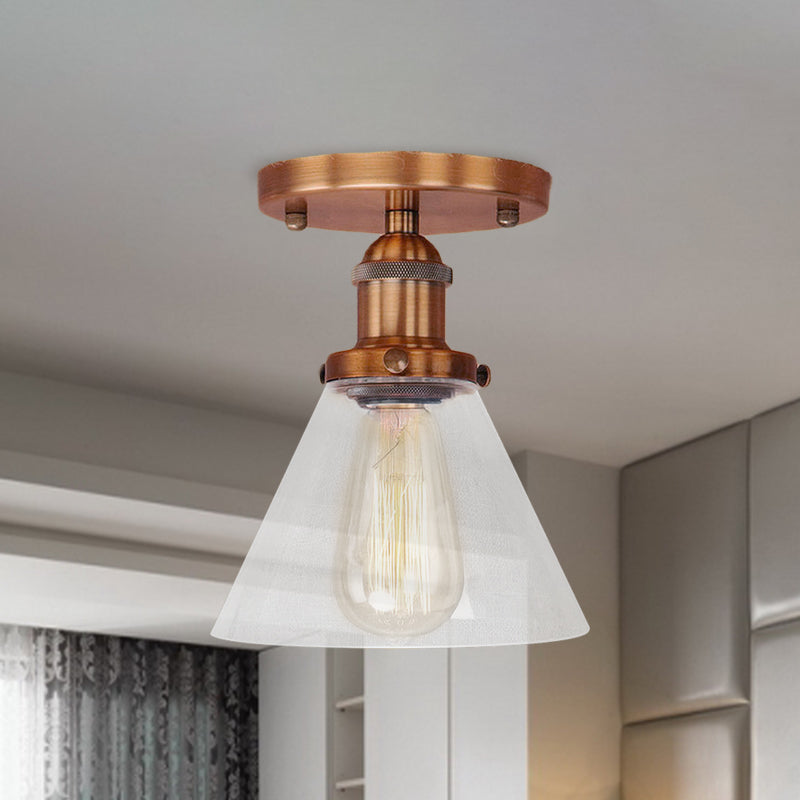 Single Light Semi Flush Mount Industrial Cone Clear Glass Light Fixtures Ceiling in Black/Bronze/Copper Clearhalo 'Ceiling Lights' 'Close To Ceiling Lights' 'Close to ceiling' 'Glass shade' 'Glass' 'Semi-flushmount' Lighting' 767212
