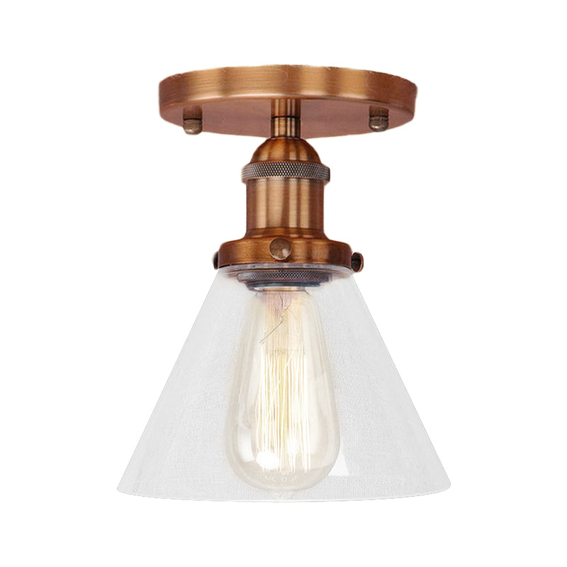 Single Light Semi Flush Mount Industrial Cone Clear Glass Light Fixtures Ceiling in Black/Bronze/Copper Clearhalo 'Ceiling Lights' 'Close To Ceiling Lights' 'Close to ceiling' 'Glass shade' 'Glass' 'Semi-flushmount' Lighting' 767213