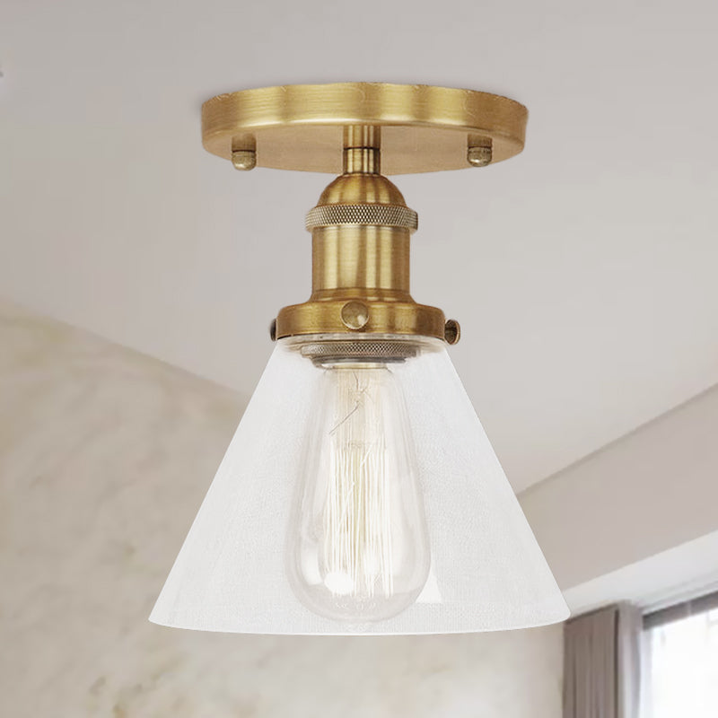 Single Light Semi Flush Mount Industrial Cone Clear Glass Light Fixtures Ceiling in Black/Bronze/Copper Brass Clearhalo 'Ceiling Lights' 'Close To Ceiling Lights' 'Close to ceiling' 'Glass shade' 'Glass' 'Semi-flushmount' Lighting' 767214