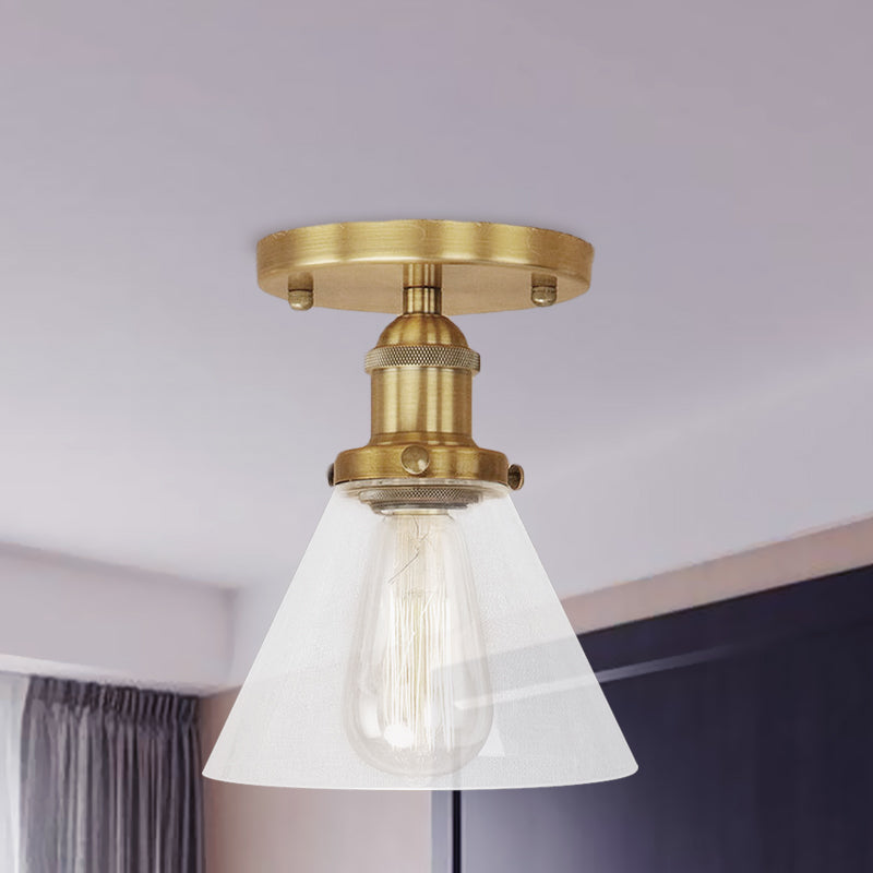 Single Light Semi Flush Mount Industrial Cone Clear Glass Light Fixtures Ceiling in Black/Bronze/Copper Clearhalo 'Ceiling Lights' 'Close To Ceiling Lights' 'Close to ceiling' 'Glass shade' 'Glass' 'Semi-flushmount' Lighting' 767216