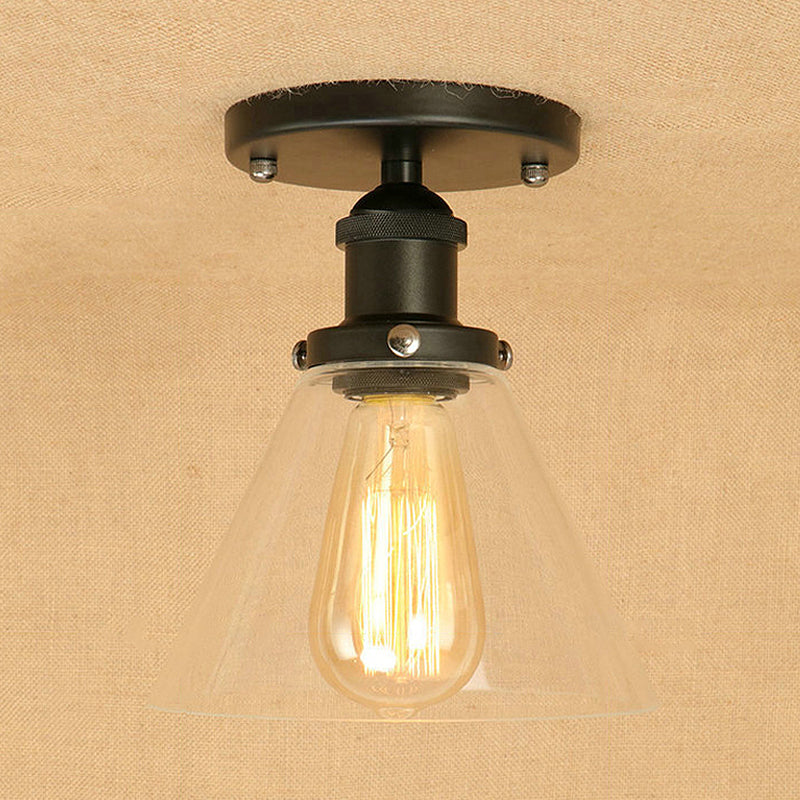 Single Light Semi Flush Mount Industrial Cone Clear Glass Light Fixtures Ceiling in Black/Bronze/Copper Black Clearhalo 'Ceiling Lights' 'Close To Ceiling Lights' 'Close to ceiling' 'Glass shade' 'Glass' 'Semi-flushmount' Lighting' 767218
