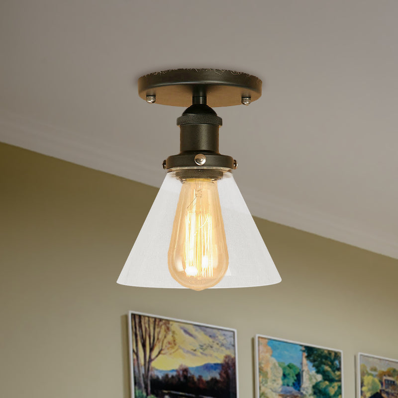 Single Light Semi Flush Mount Industrial Cone Clear Glass Light Fixtures Ceiling in Black/Bronze/Copper Clearhalo 'Ceiling Lights' 'Close To Ceiling Lights' 'Close to ceiling' 'Glass shade' 'Glass' 'Semi-flushmount' Lighting' 767219