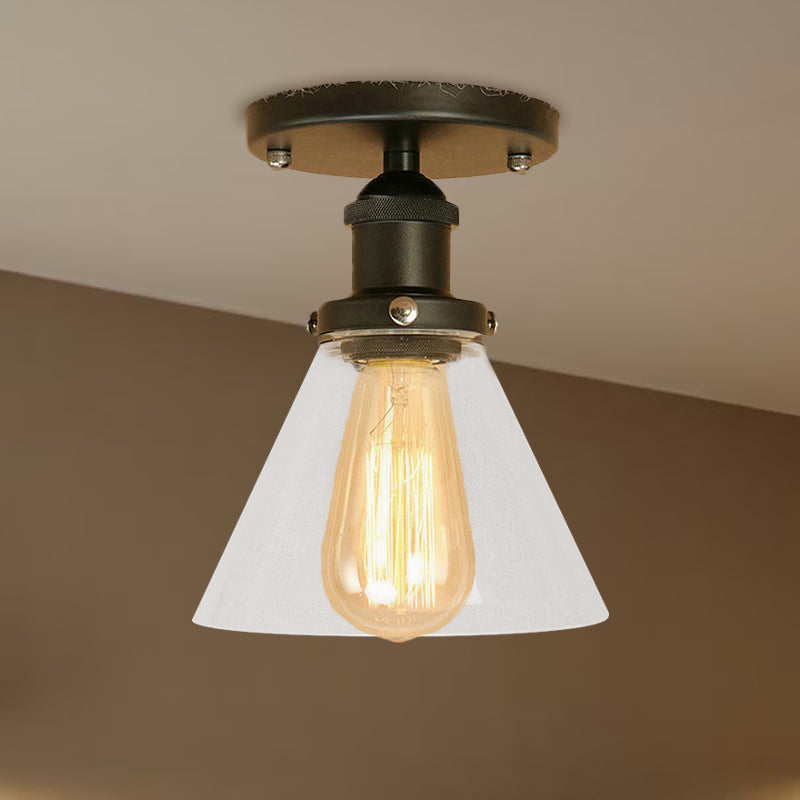 Single Light Semi Flush Mount Industrial Cone Clear Glass Light Fixtures Ceiling in Black/Bronze/Copper Clearhalo 'Ceiling Lights' 'Close To Ceiling Lights' 'Close to ceiling' 'Glass shade' 'Glass' 'Semi-flushmount' Lighting' 767220